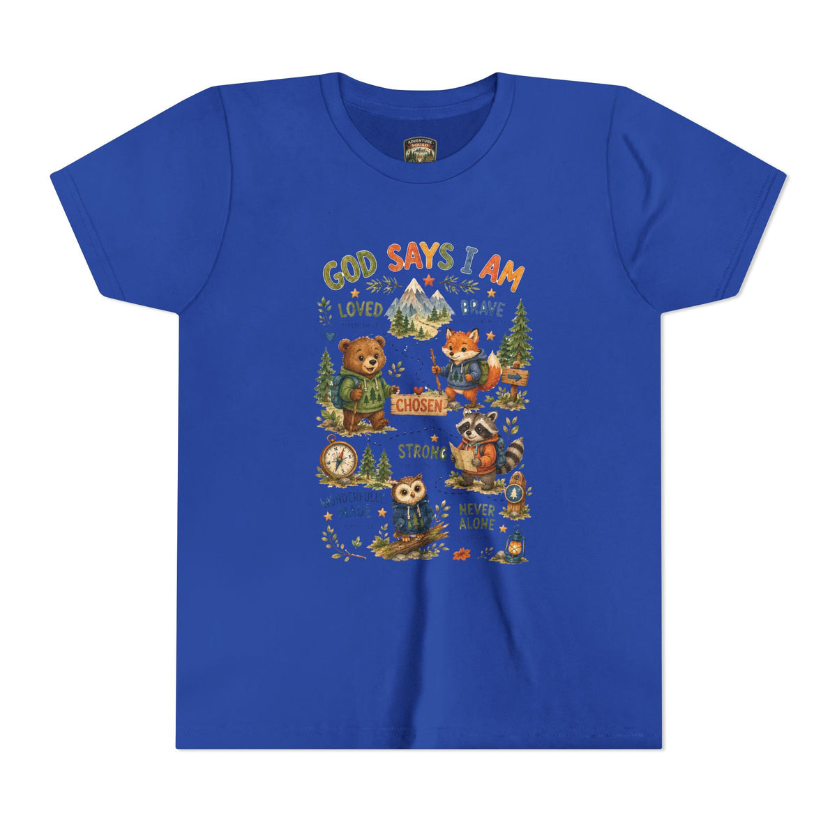 Youth Tee — "God Says I Am" Inspirational Christian Kids T‑Shirt (Loved, Brave, Strong)