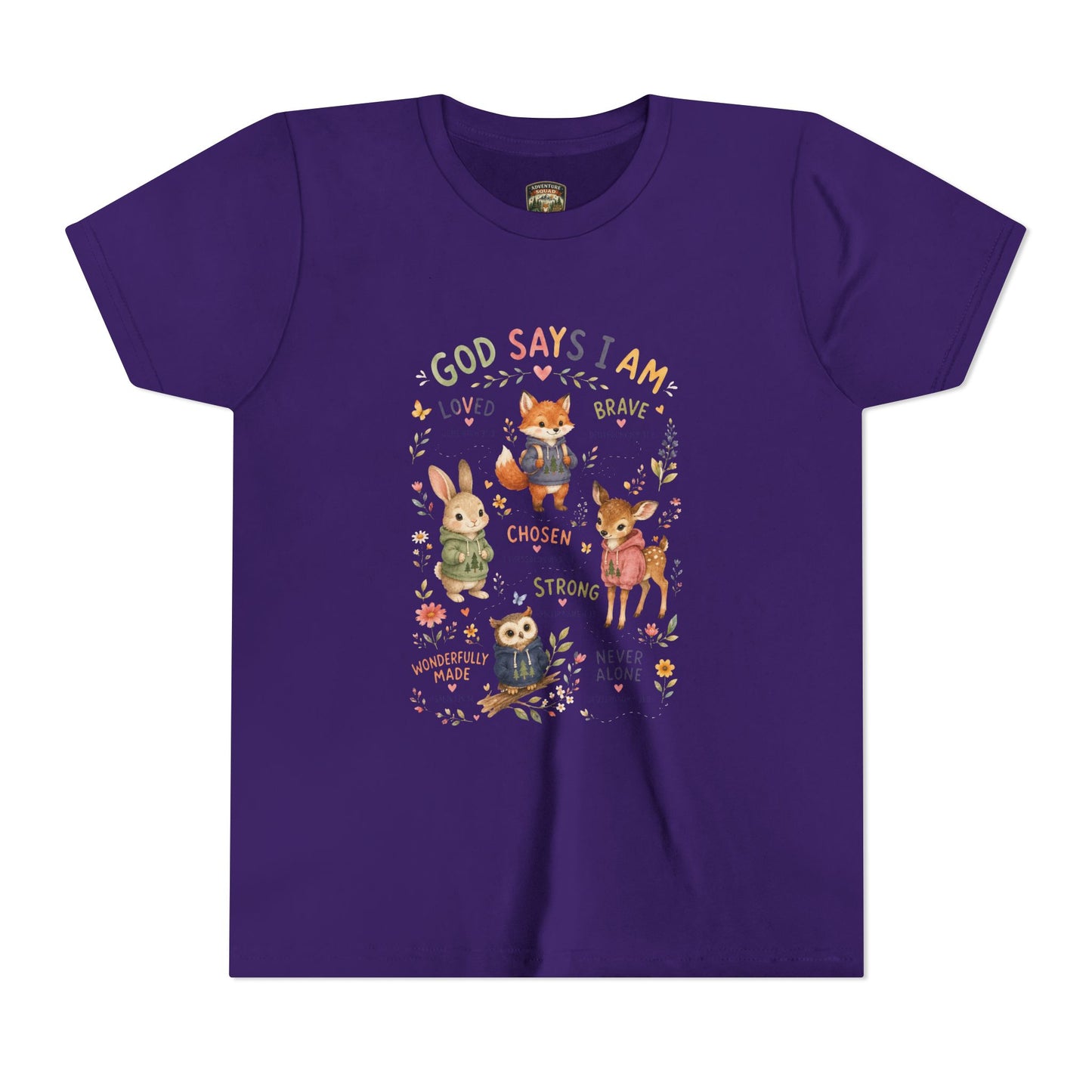 Christian Kids T-Shirt — "God Says I Am" Woodland Animals Inspirational Youth Tee