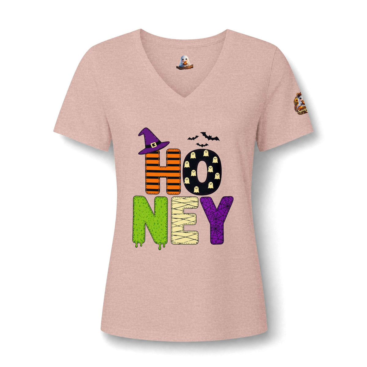 Honey Halloween V‑Neck Tee — 'HONEY' Cute Spooky Pumpkin Ghost Graphic