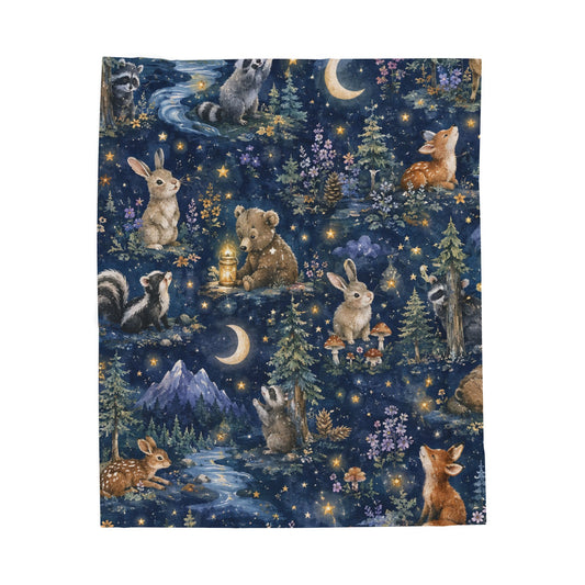 Plush Throw Blanket — Night Forest Animals Velveteen Throw