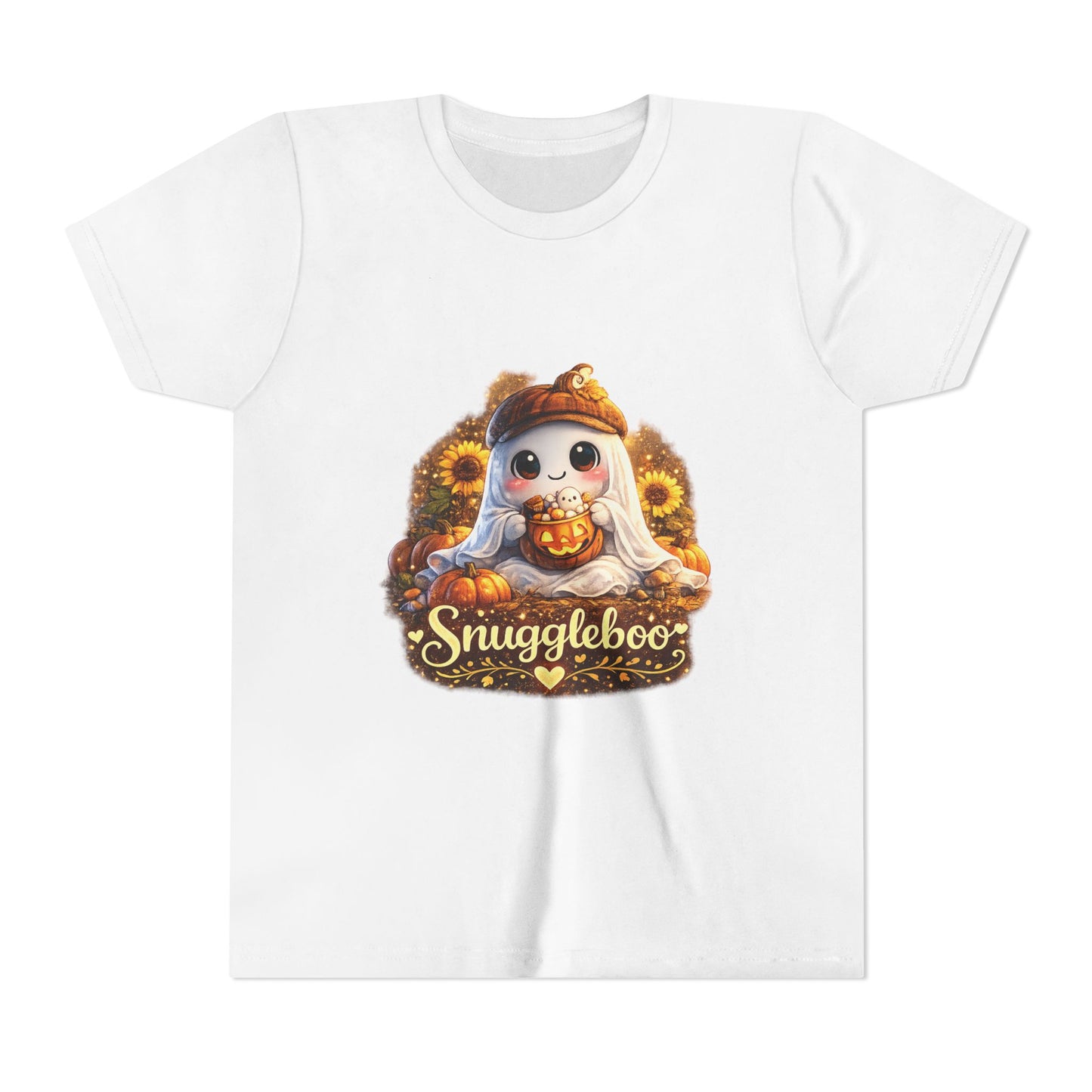 Youth Tee — Cute Fall “Snuggleboo” Pumpkin Owl with Sunflowers
