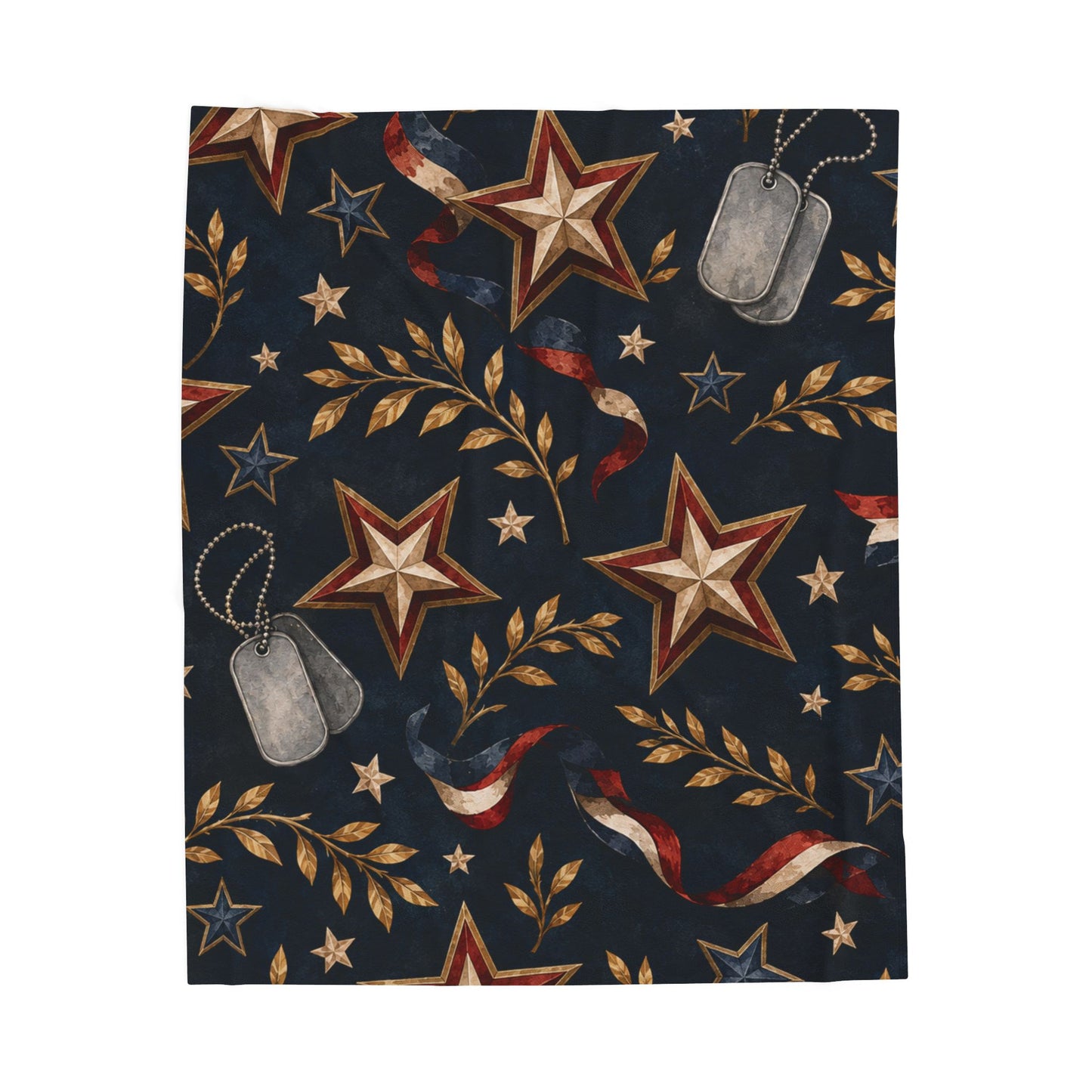Patriotic Star & Dog Tag Velveteen Plush Blanket — American Flag Ribbon Throw for Veterans, Memorial Day & 4th of July