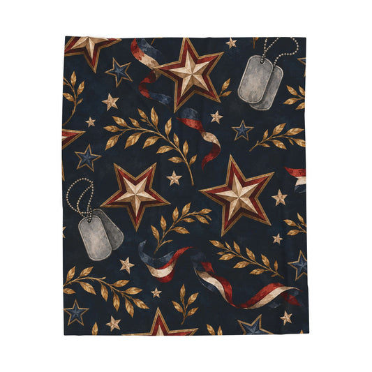 Patriotic Star & Dog Tag Velveteen Plush Blanket — American Flag Ribbon Throw for Veterans, Memorial Day & 4th of July