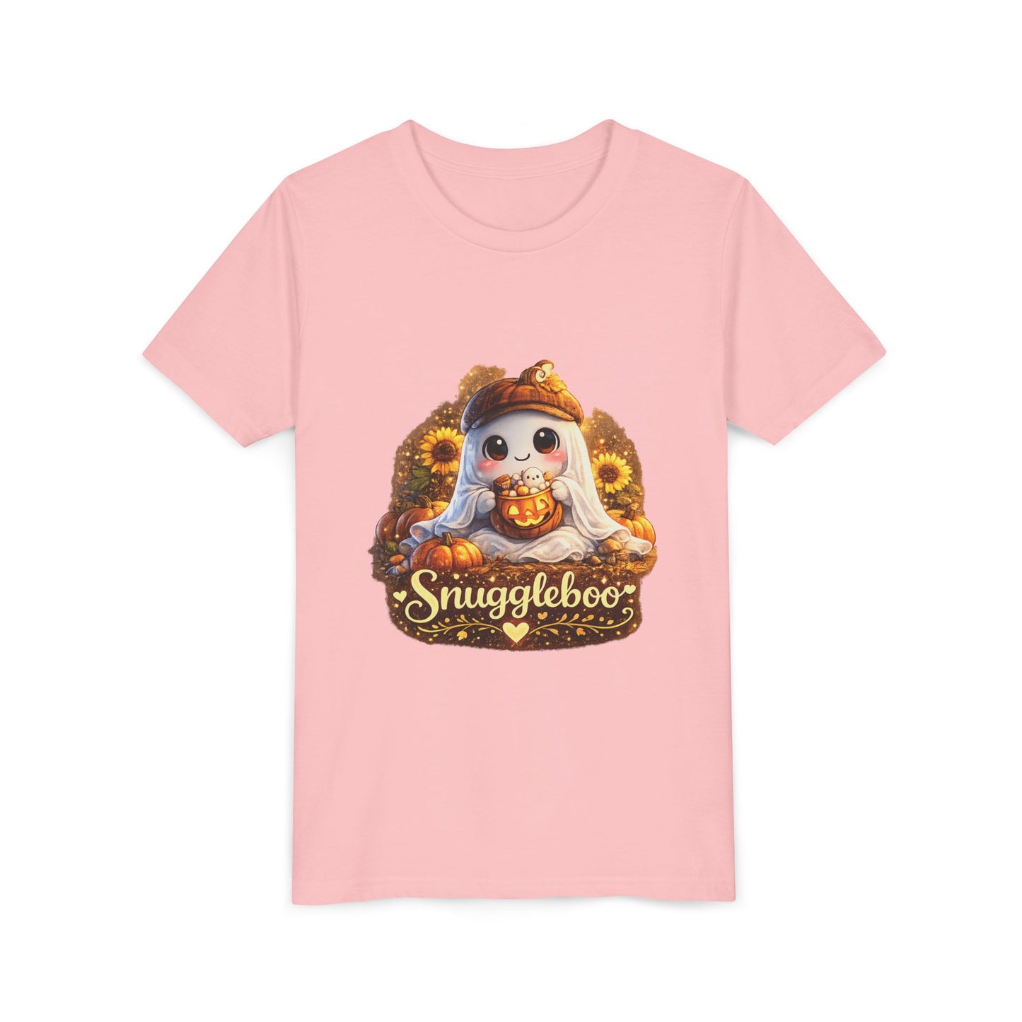 Youth Tee — Cute Fall “Snuggleboo” Pumpkin Owl with Sunflowers