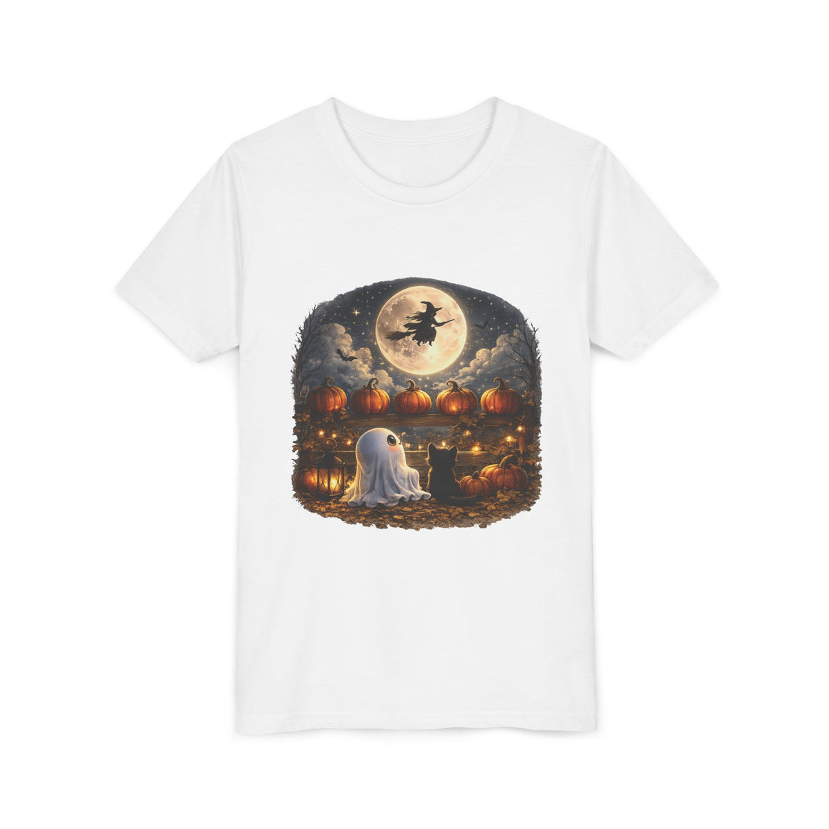 Kids Halloween Tee – Cute Ghost, Pumpkin Lanterns & Witch Moon Night