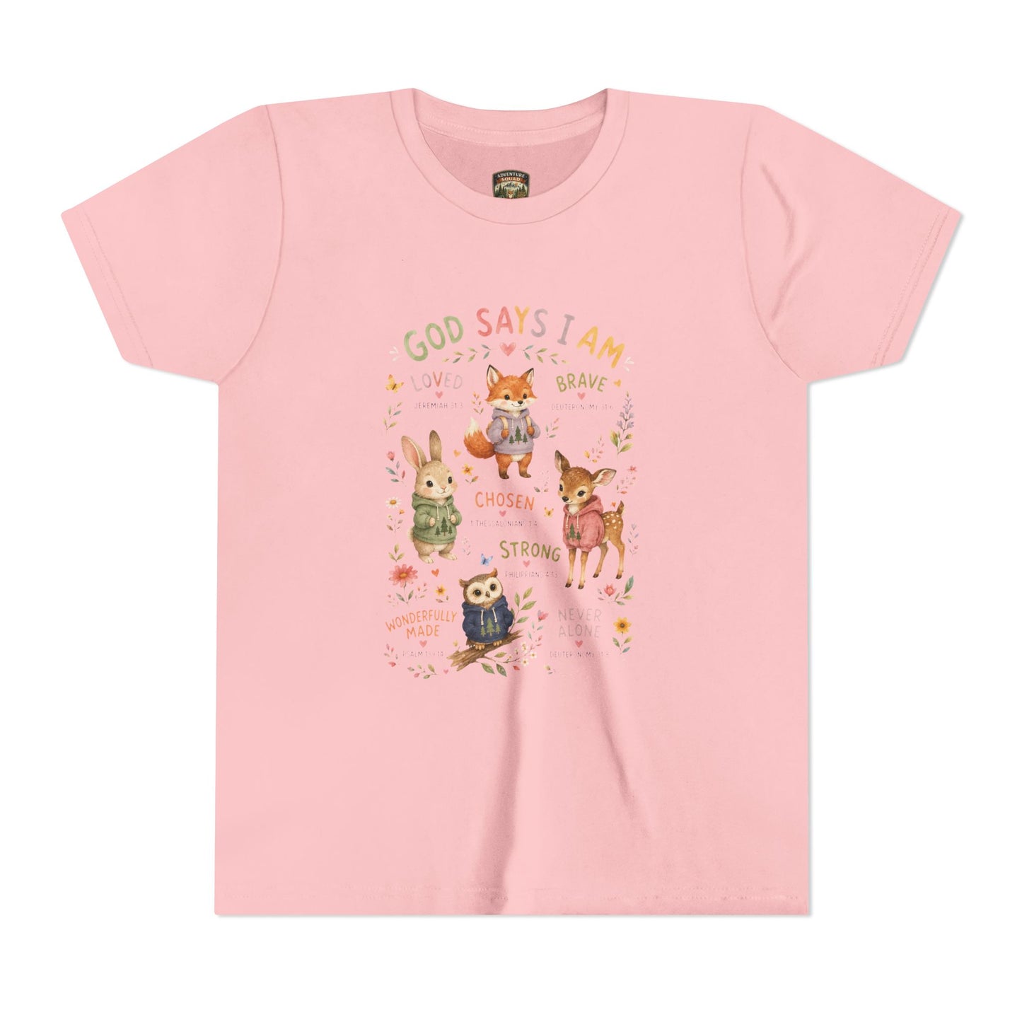 Christian Kids T-Shirt — "God Says I Am" Woodland Animals Inspirational Youth Tee