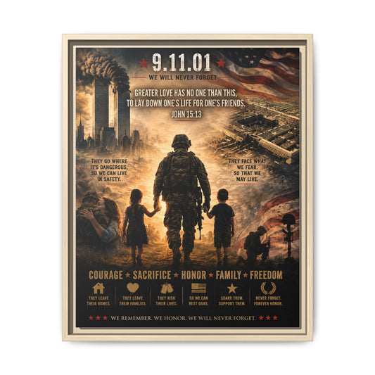 We Will Never Forget – 9/11 25th Anniversary Military & Family Memorial Framed Canvas