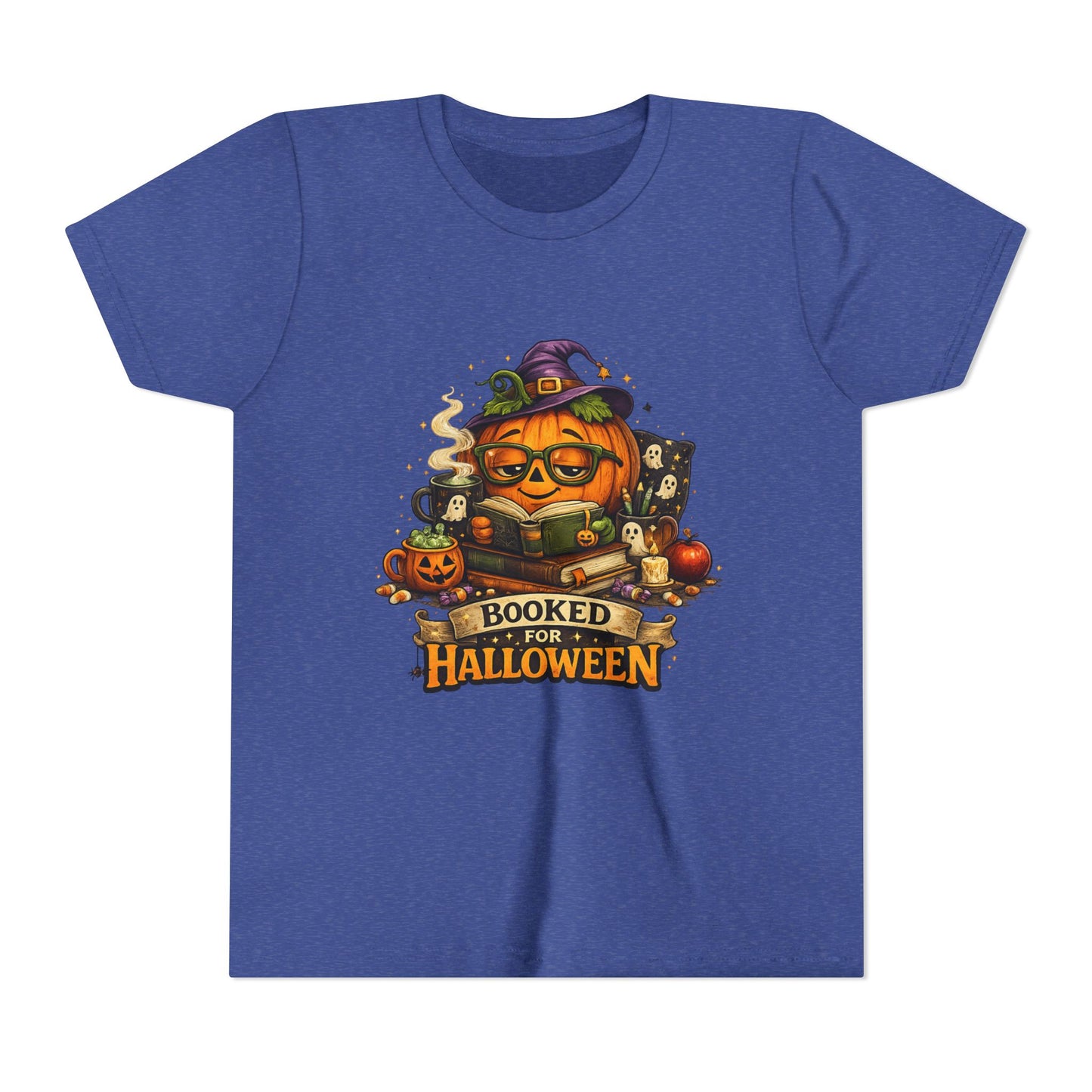 Youth T‑Shirt — "Booked for Halloween" Pumpkin Reading Graphic Tee