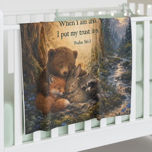 Baby Swaddle Blanket — Woodland Animals with Psalm 56:3 Inspirational Nursery Swaddle