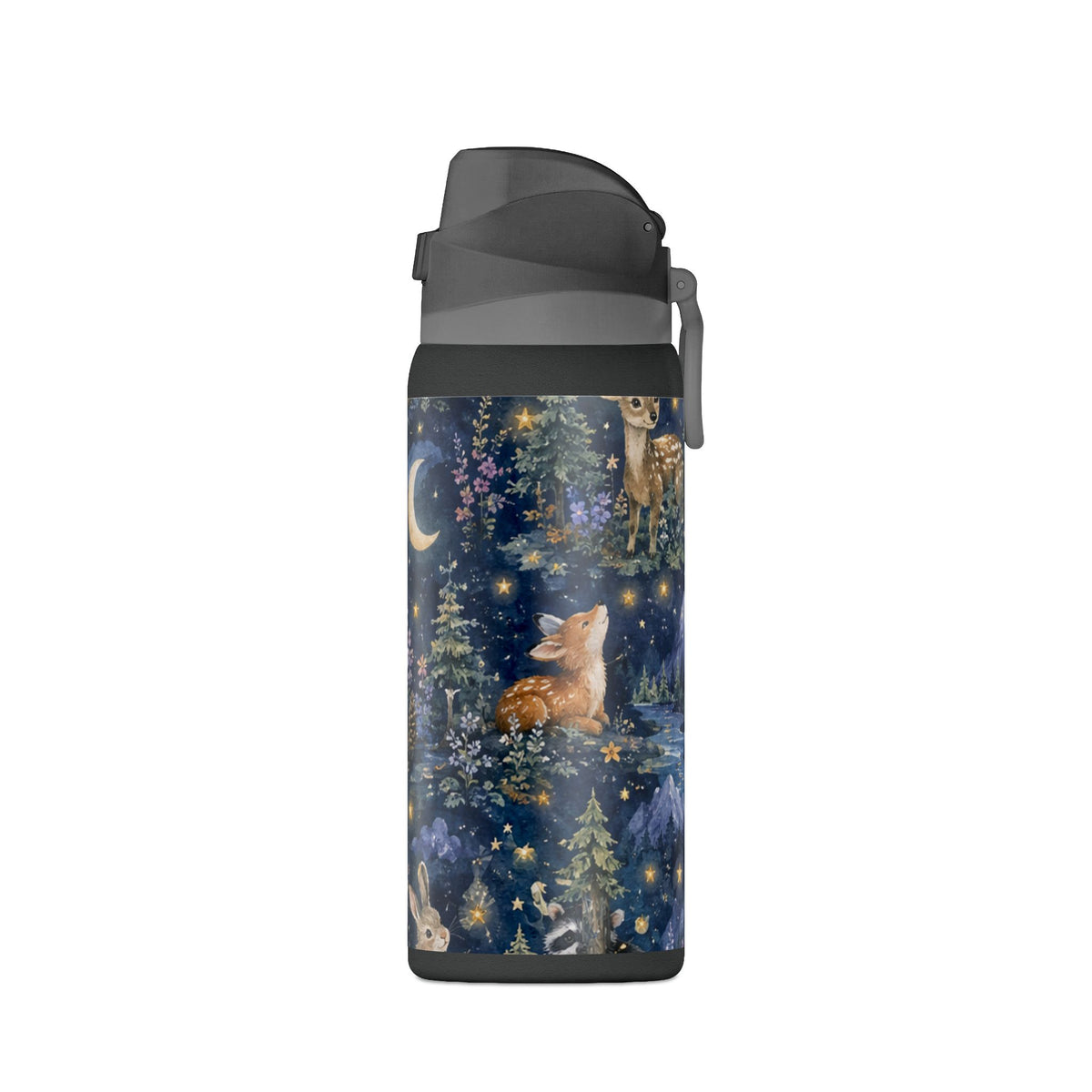 Insulated Water Bottle — Nighttime Forest Animals 32oz (Moon, Raccoon, Bunny)