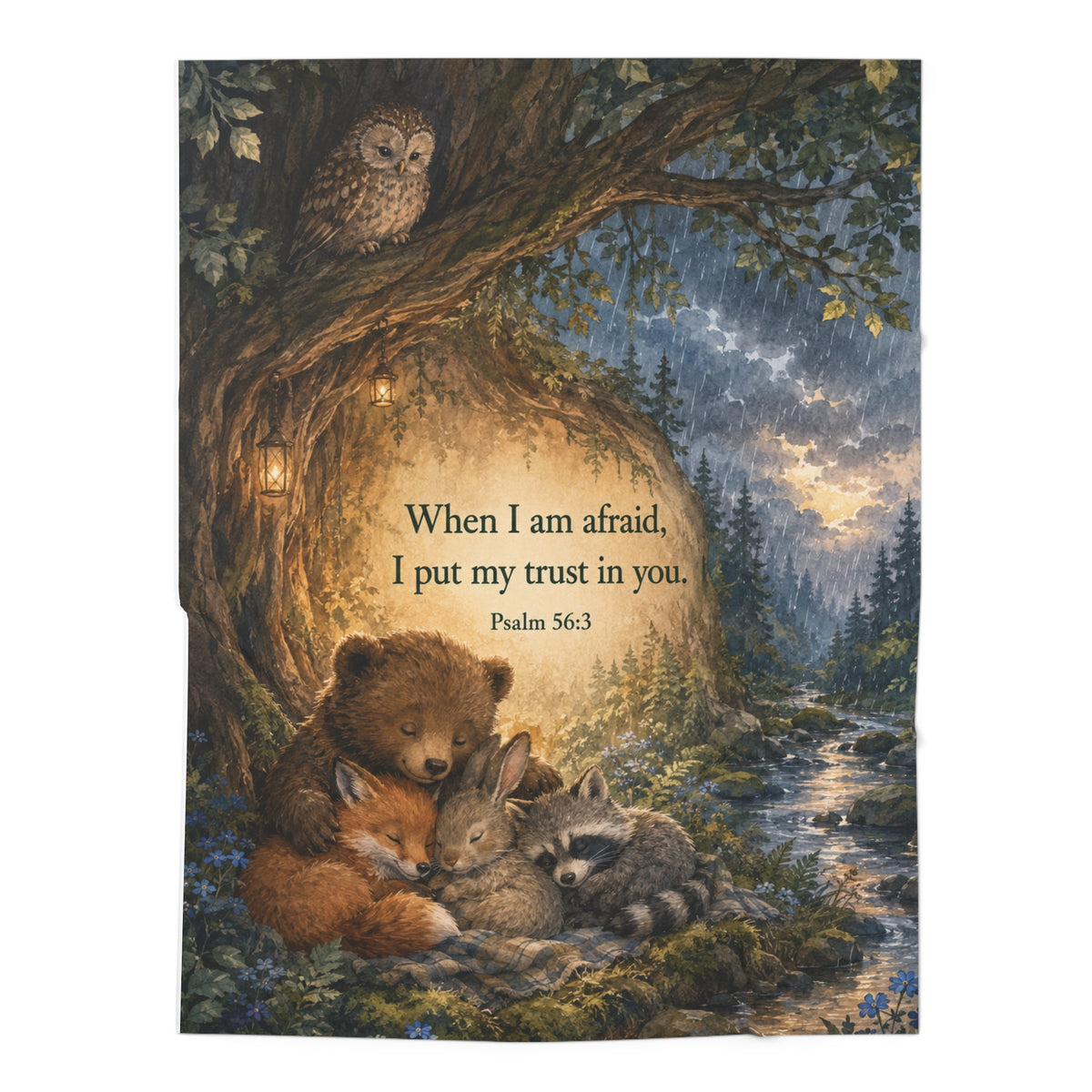 Baby Swaddle Blanket — Woodland Animals with Psalm 56:3 Inspirational Nursery Swaddle