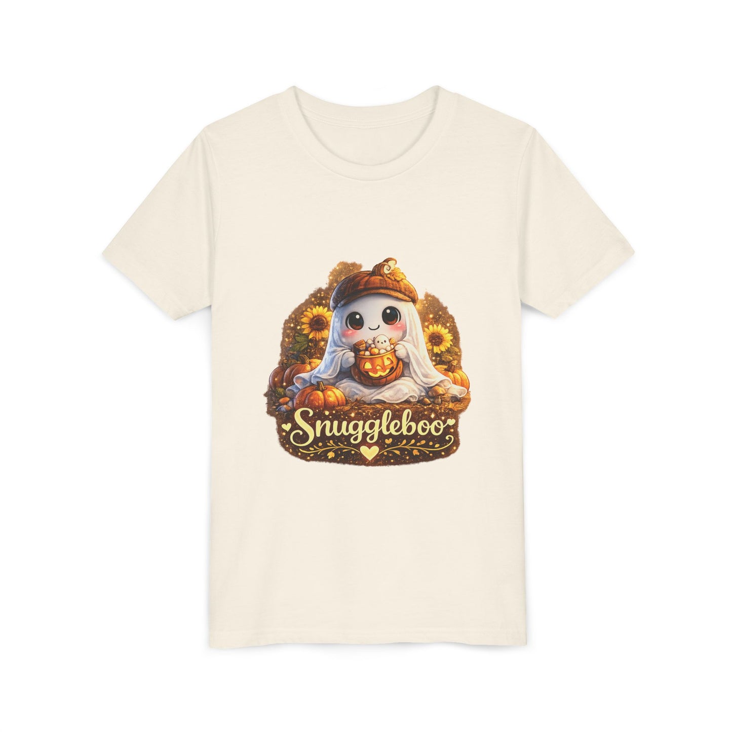 Youth Tee — Cute Fall “Snuggleboo” Pumpkin Owl with Sunflowers