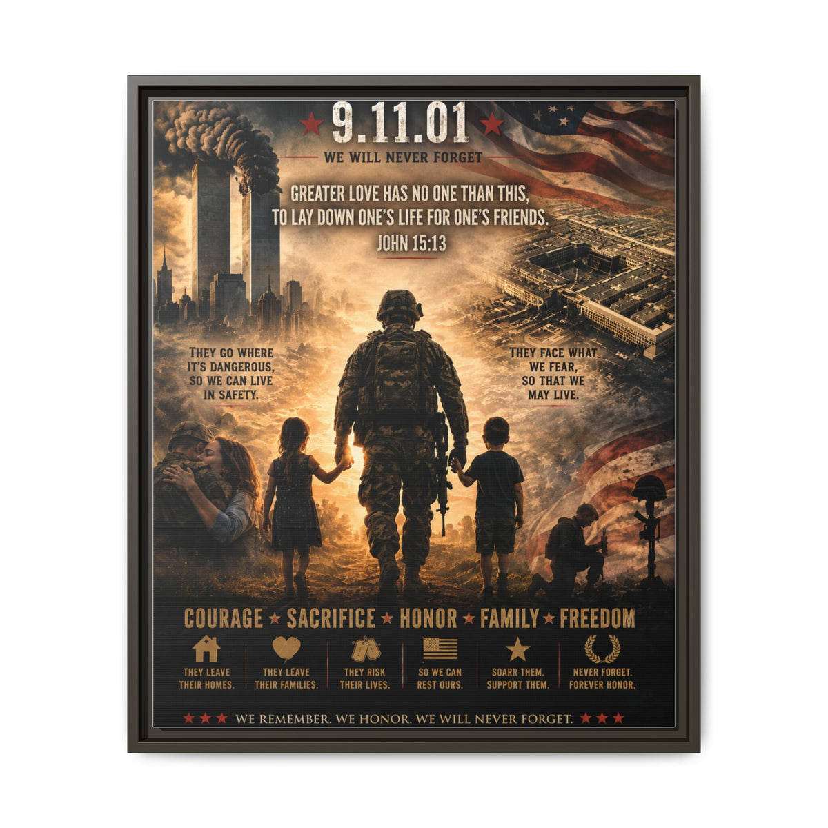We Will Never Forget – 9/11 25th Anniversary Military & Family Memorial Framed Canvas