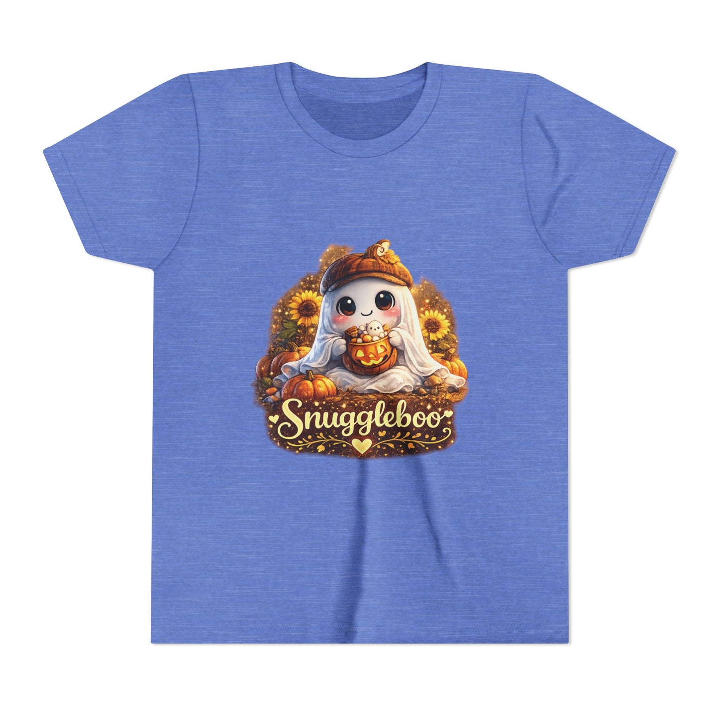 Youth Tee — Cute Fall “Snuggleboo” Pumpkin Owl with Sunflowers