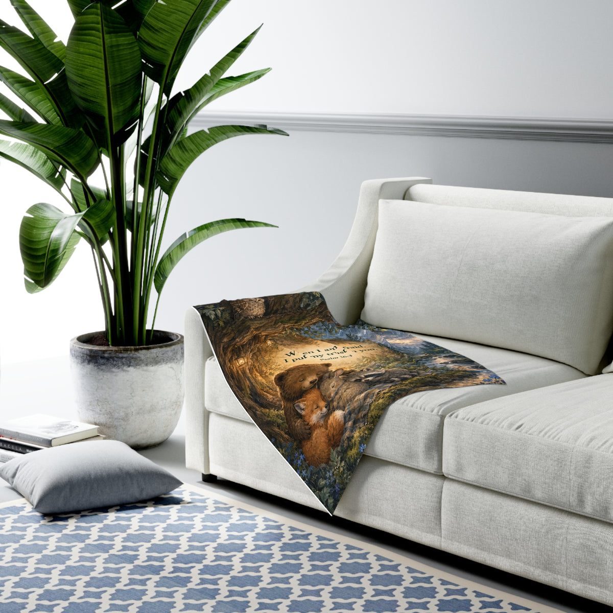 Baby Swaddle Blanket — Woodland Animals with Psalm 56:3 Inspirational Nursery Swaddle