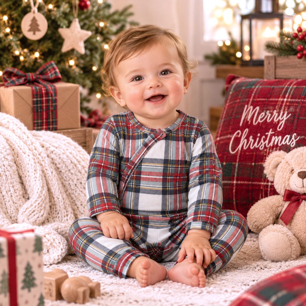 Plaid Baby Christmas Zipper Romper With Convertible Cuffs