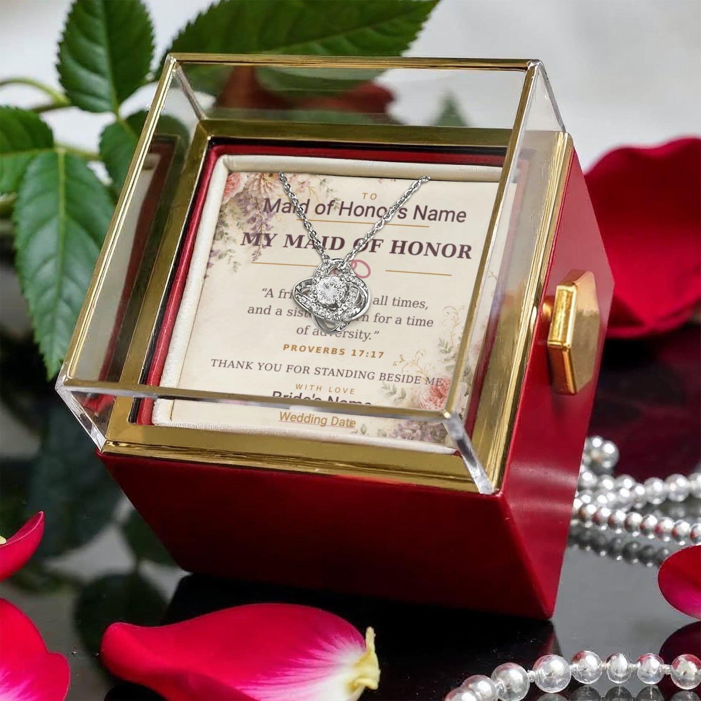 Maid of Honor Love Knot Necklace with Personalized Message Card – Proverbs 17:17 Wedding Gift