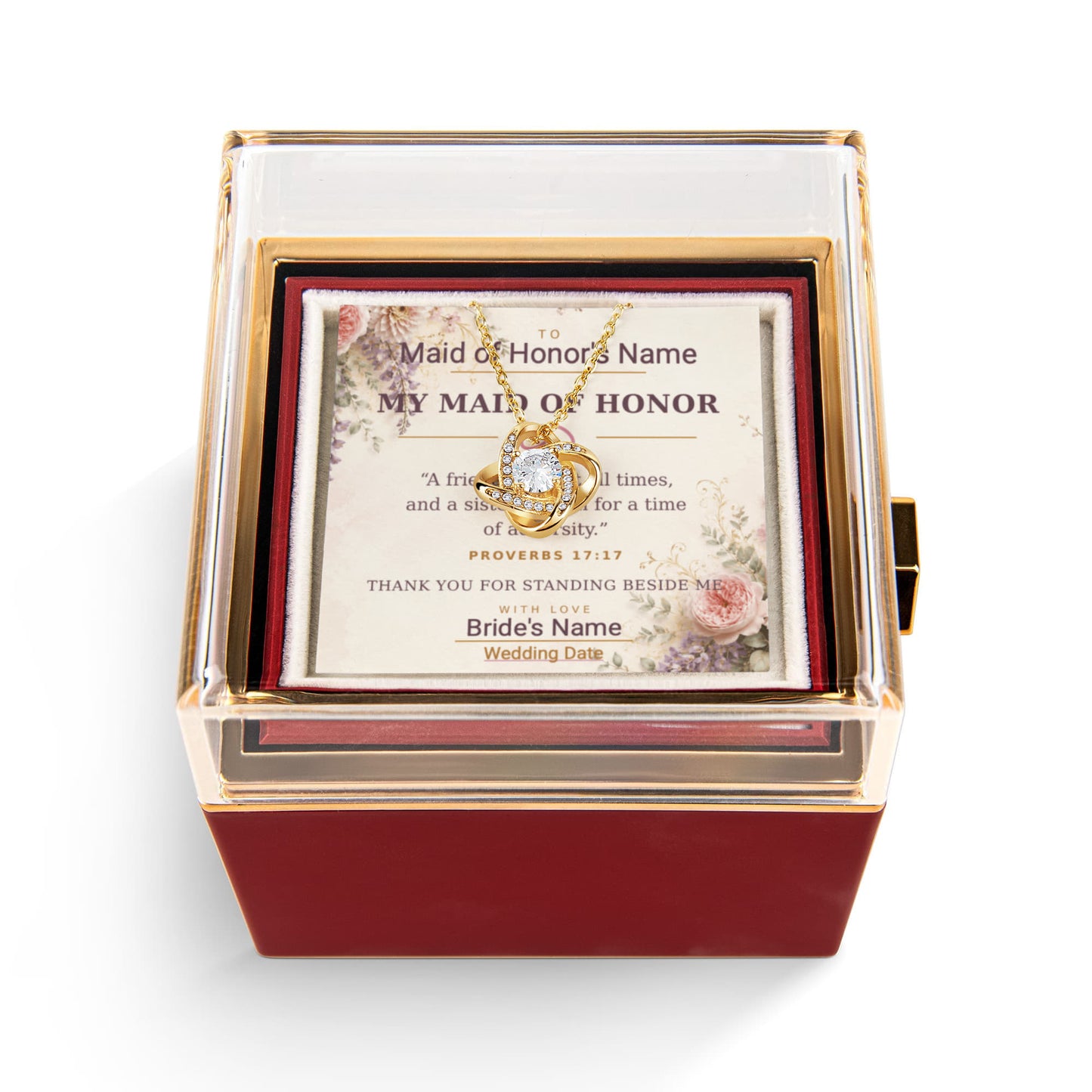 Maid of Honor Love Knot Necklace with Personalized Message Card – Proverbs 17:17 Wedding Gift
